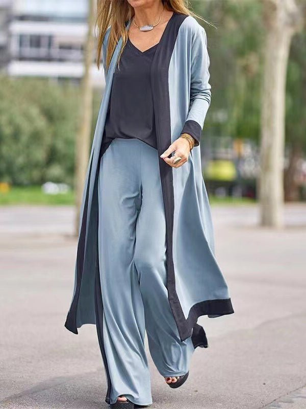 Women's Sets Casual Contrast Color Sleeveless Vest Long Sleeve Cardigan Trousers Three Piece Set - Sets - Instastyled | Online Fashion Free Shipping Clothing, Dresses, Tops, Shoes - 11/1/2023 - Bottoms - color-blue