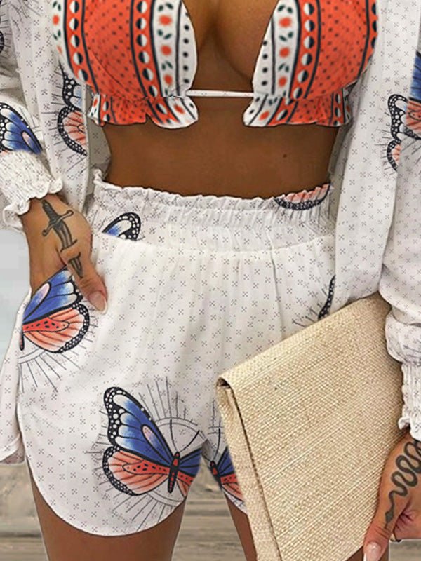 Women's Sets Casual Jacket Shorts Butterfly Print Three-Piece Set - Sets - Instastyled | Online Fashion Free Shipping Clothing, Dresses, Tops, Shoes - 24/05/2022 - 40-50 - Bottoms