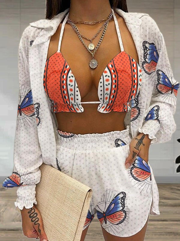 Women's Sets Casual Jacket Shorts Butterfly Print Three-Piece Set - Sets - Instastyled | Online Fashion Free Shipping Clothing, Dresses, Tops, Shoes - 24/05/2022 - 40-50 - Bottoms