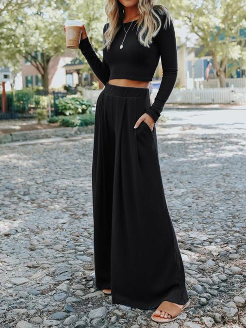 Women's Sets Casual Long Sleeve Crop Top & Wide Leg Pants Knit Two Piece Set - Sets - Instastyled | Online Fashion Free Shipping Clothing, Dresses, Tops, Shoes - 04/08/2022 - Bottoms - Color_Black