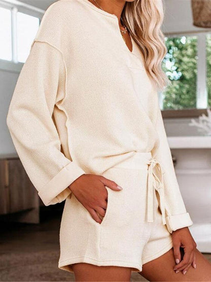 Women's Sets Casual V-Neck Long Sleeve Top & Shorts Two-Piece Suit - Sets - INS | Online Fashion Free Shipping Clothing, Dresses, Tops, Shoes - 08/11/2021 - 20-30 - Bottoms