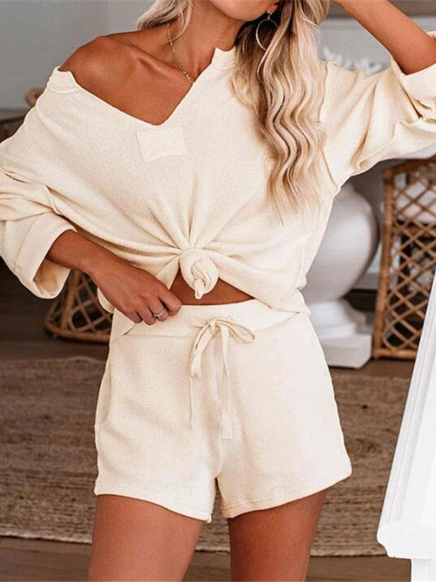 Women's Sets Casual V-Neck Long Sleeve Top & Shorts Two-Piece Suit - Sets - INS | Online Fashion Free Shipping Clothing, Dresses, Tops, Shoes - 08/11/2021 - 20-30 - Bottoms