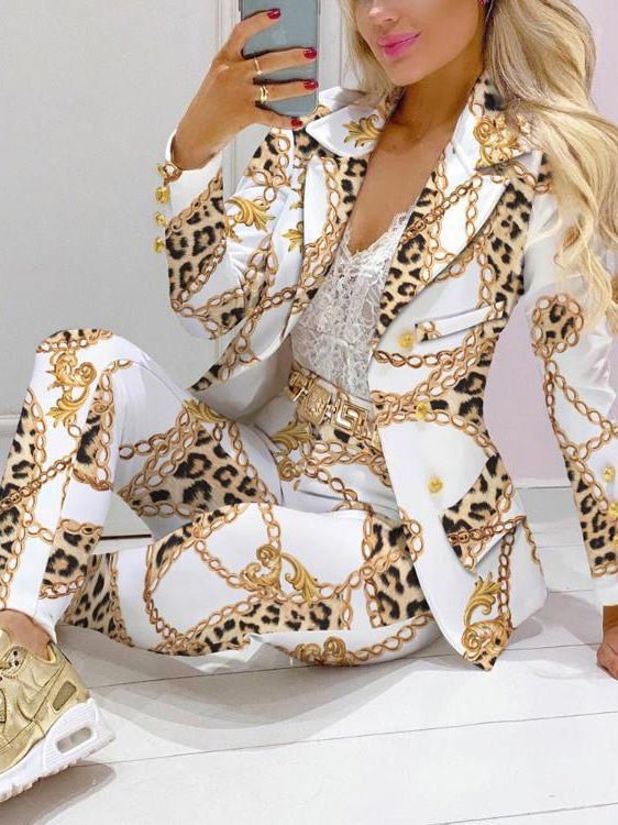 Women's Sets Chain Print Long Sleeve Blazer & Pants Two Piece Set - Sets - Instastyled | Online Fashion Free Shipping Clothing, Dresses, Tops, Shoes - 14/09/2022 - Bottoms - Color_White