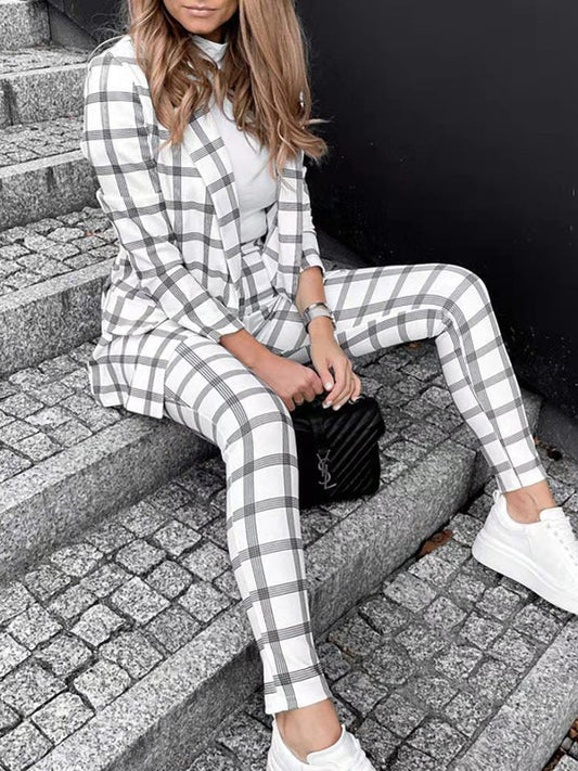 Women's Sets Check Print Blazer Trousers Two-Piece Set - Sets - Instastyled | Online Fashion Free Shipping Clothing, Dresses, Tops, Shoes - 28/07/2022 - Bottoms - Color_White