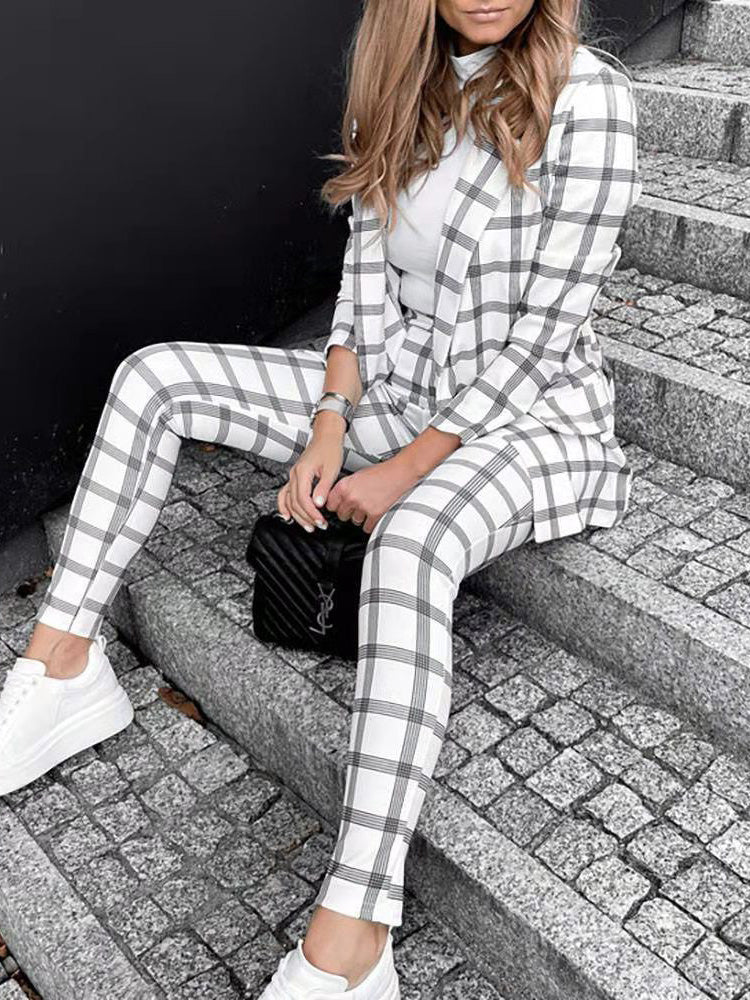 Women's Sets Check Print Blazer Trousers Two-Piece Set - Sets - Instastyled | Online Fashion Free Shipping Clothing, Dresses, Tops, Shoes - 28/07/2022 - Bottoms - Color_White