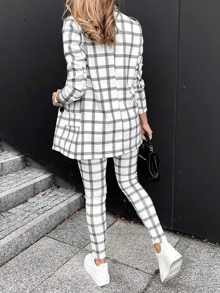 Women's Sets Check Print Blazer Trousers Two-Piece Set - Sets - Instastyled | Online Fashion Free Shipping Clothing, Dresses, Tops, Shoes - 28/07/2022 - Bottoms - Color_White