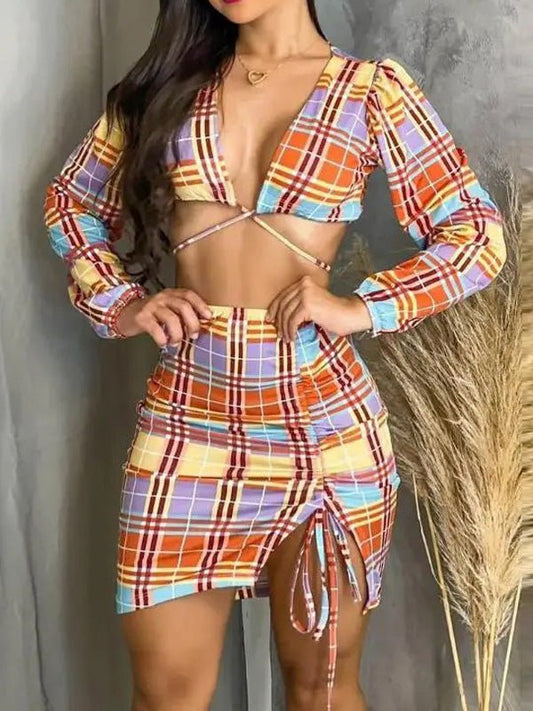 Women's Sets Check Print Long Sleeve Crop Top & Drawstring Skirt Two-Piece Set - Sets - Instastyled | Online Fashion Free Shipping Clothing, Dresses, Tops, Shoes - 12/08/2022 - Bottoms - Color_Multicolor