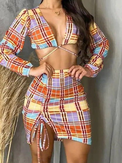 Women's Sets Check Print Long Sleeve Crop Top & Drawstring Skirt Two-Piece Set - Sets - Instastyled | Online Fashion Free Shipping Clothing, Dresses, Tops, Shoes - 12/08/2022 - Bottoms - Color_Multicolor