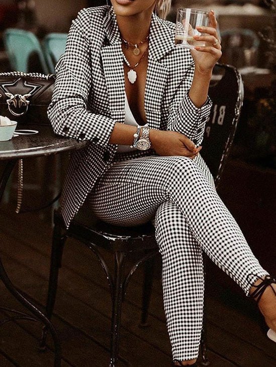 Women's Sets Check Slim Blazers& Trousers Two-Piece Set - Sets - Instastyled | Online Fashion Free Shipping Clothing, Dresses, Tops, Shoes - 15/08/2022 - bottoms - color-black