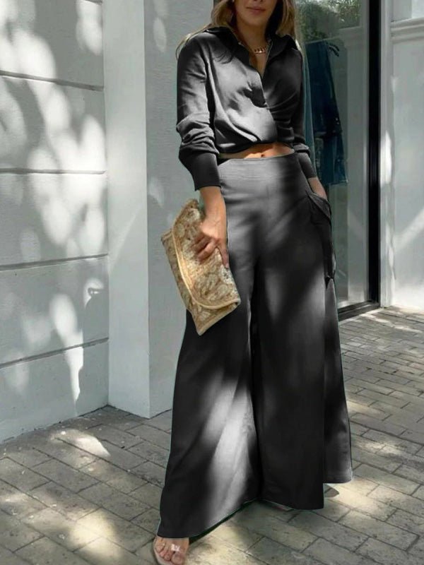 Women's Sets Crop Long Sleeve Shirt & Wide Leg Pants Two Piece Set - Sets - Instastyled | Online Fashion Free Shipping Clothing, Dresses, Tops, Shoes - 29/06/2022 - Bottoms - color-black