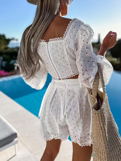 Women's Sets Cutout Lantern Sleeve Crop Top & Shorts Two-Piece Set - Sets - Instastyled | Online Fashion Free Shipping Clothing, Dresses, Tops, Shoes - 06/04/2022 - Bottoms - color-white