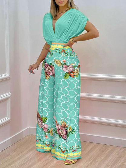 Women's Sets Doll Sleeve Top & Printed Wide Leg Pants Two Piece Set - Sets - Instastyled | Online Fashion Free Shipping Clothing, Dresses, Tops, Shoes - 29/06/2022 - 40-50 - Bottoms