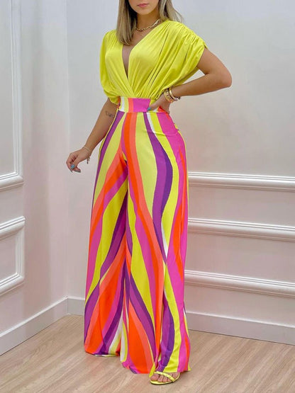 Women's Sets Doll Sleeve Top & Printed Wide Leg Pants Two Piece Set - Sets - Instastyled | Online Fashion Free Shipping Clothing, Dresses, Tops, Shoes - 29/06/2022 - 40-50 - Bottoms