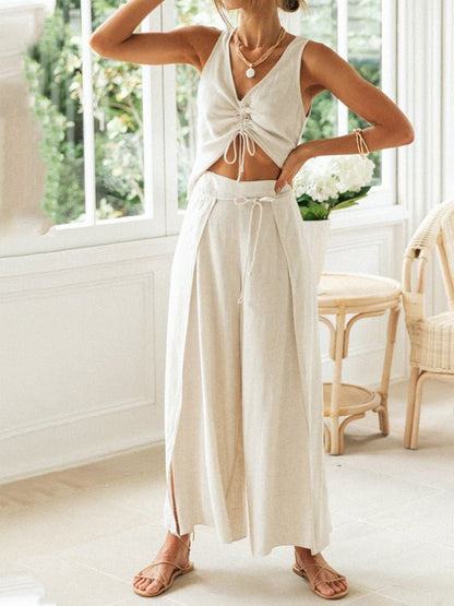 Women's Sets Drawstring Sleeveless Top & Wide Leg Slit Pants Two Piece Set - Sets - Instastyled | Online Fashion Free Shipping Clothing, Dresses, Tops, Shoes - 29/06/2022 - 30-40 - Bottoms