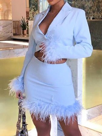 Women's Sets Feather Panel Long Sleeve Blazers & Skirt Two Piece Set - Sets - Instastyled | Online Fashion Free Shipping Clothing, Dresses, Tops, Shoes - 25/08/2022 - Bottoms - Color_Black