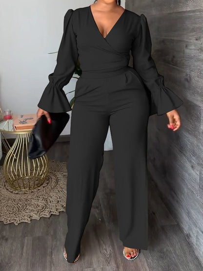 Women's Sets Flared Sleeve Lace-Up Top & Straight Pants Two Piece Set - Sets - Instastyled | Online Fashion Free Shipping Clothing, Dresses, Tops, Shoes - 29/08/2022 - Bottoms - Color_Black