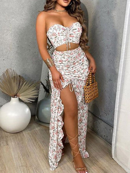 Women's Sets Floral Bandeau Top & Drawstring Ruffled Two-Piece Set - Sets - Instastyled | Online Fashion Free Shipping Clothing, Dresses, Tops, Shoes - 27/05/2022 - 30-40 - Bottoms