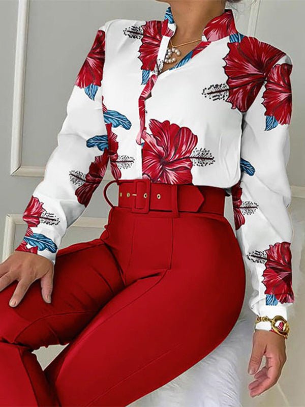 Women's Sets Floral Lapel Shirt & Flared Pants Two-Piece Set - Sets - Instastyled | Online Fashion Free Shipping Clothing, Dresses, Tops, Shoes - 16/02/2022 - Bottoms - color-black