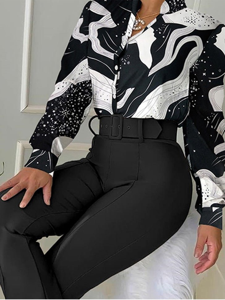Women's Sets Floral Lapel Shirt & Flared Pants Two-Piece Set - Sets - Instastyled | Online Fashion Free Shipping Clothing, Dresses, Tops, Shoes - 16/02/2022 - Bottoms - color-black