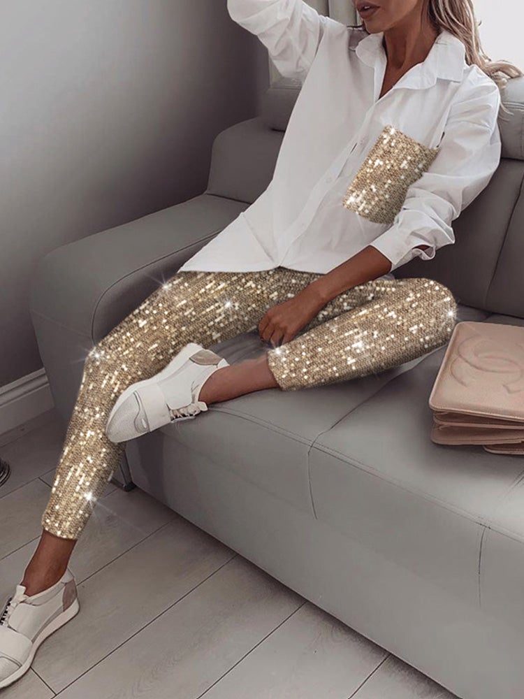 Women's Sets Glitter Sequin Long Sleeve Shirt & Pants Two-Piece Set - Sets - Instastyled | Online Fashion Free Shipping Clothing, Dresses, Tops, Shoes - 13/01/2022 - Bottoms - color-white