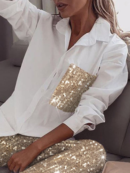 Women's Sets Glitter Sequin Long Sleeve Shirt & Pants Two-Piece Set - Sets - Instastyled | Online Fashion Free Shipping Clothing, Dresses, Tops, Shoes - 13/01/2022 - Bottoms - color-white