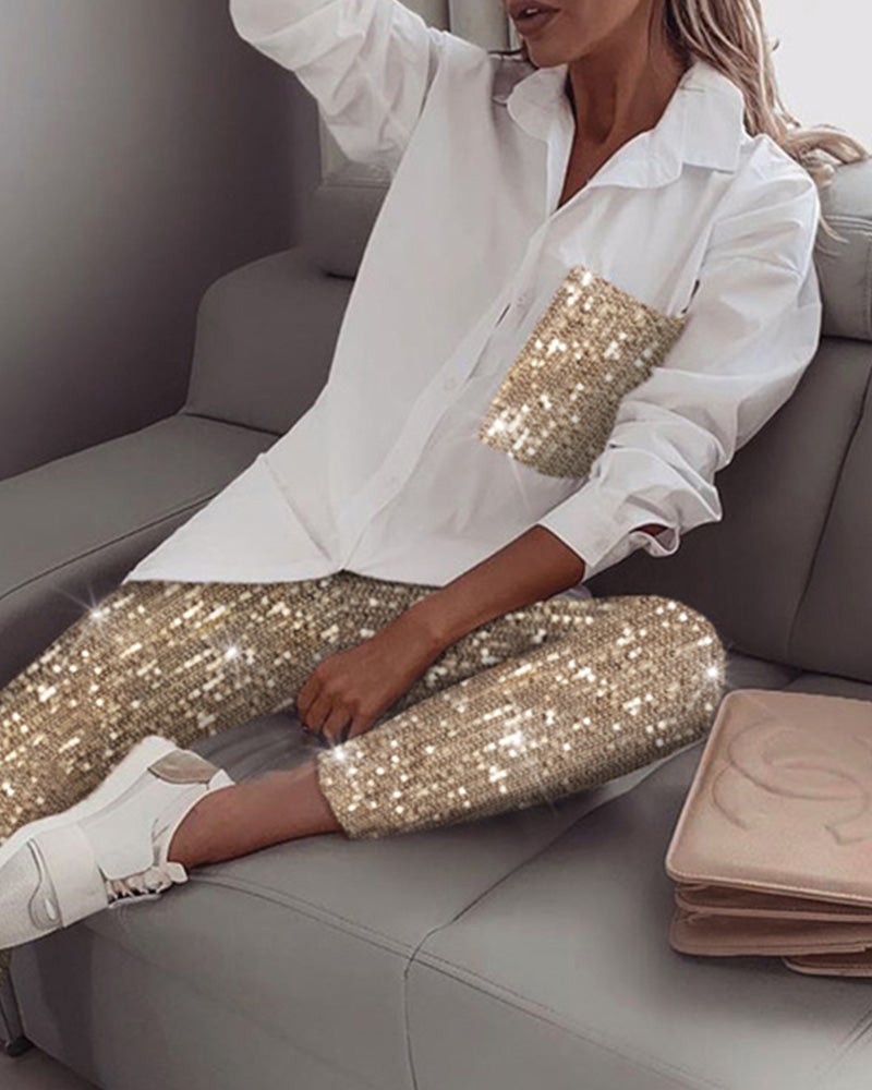 Women's Sets Glitter Sequin Long Sleeve Shirt & Pants Two-Piece Set - Sets - Instastyled | Online Fashion Free Shipping Clothing, Dresses, Tops, Shoes - 13/01/2022 - Bottoms - color-white