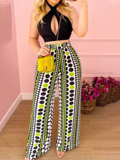 Women's Sets Halter Hollow Cropped Top & Printed Wide Leg Pants Two Piece Set - Sets - Instastyled | Online Fashion Free Shipping Clothing, Dresses, Tops, Shoes - 16/03/2022 - 40-50 - Bottoms