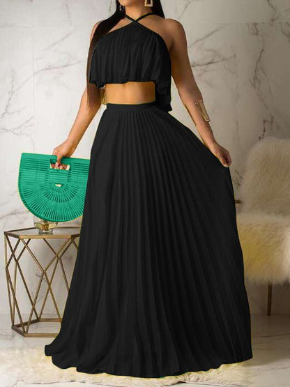 Women's Sets Halter Pleated Top & Skirt Two-Piece Set - Sets - Instastyled | Online Fashion Free Shipping Clothing, Dresses, Tops, Shoes - 13/07/2022 - bottoms - color-black