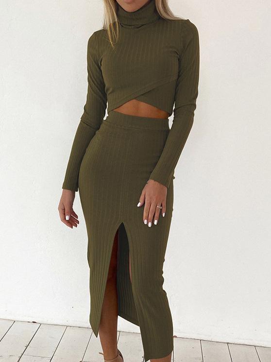 Women's Sets High Neck Long Sleeve T-Shirt & Split Skirt Casual Suit - Sets - INS | Online Fashion Free Shipping Clothing, Dresses, Tops, Shoes - 20-30 - 30/08/2021 - Bottom