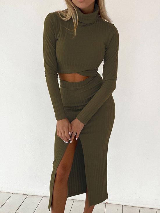 Women's Sets High Neck Long Sleeve T-Shirt & Split Skirt Casual Suit - Sets - INS | Online Fashion Free Shipping Clothing, Dresses, Tops, Shoes - 20-30 - 30/08/2021 - Bottom