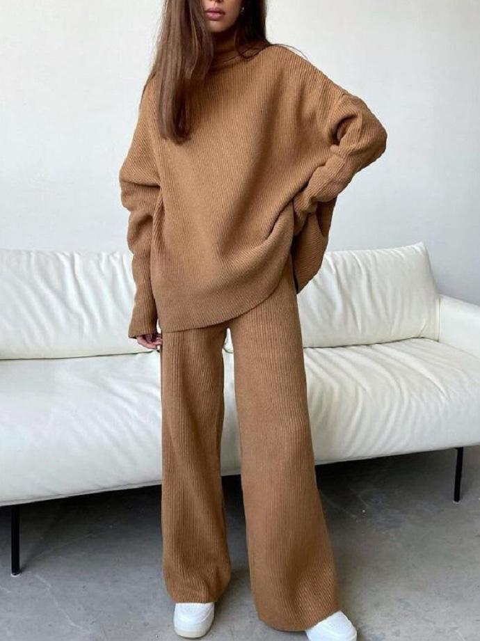 Women's Sets High Neck Long Sleeve Wide-Leg Pants Casual Two-Piece Suit - Sets - Instastyled | Online Fashion Free Shipping Clothing, Dresses, Tops, Shoes - 02/12/2021 - 40-50 - Bottoms