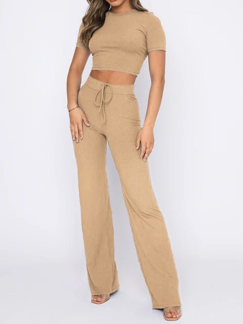 Women's Sets High Stretch Short Sleeve & Wide Leg Pants Two Piece Set - Sets - Instastyled | Online Fashion Free Shipping Clothing, Dresses, Tops, Shoes - 24/04/2022 - Bottoms - Color_Apricot