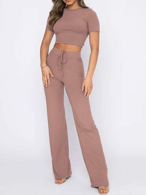 Women's Sets High Stretch Short Sleeve & Wide Leg Pants Two Piece Set - Sets - Instastyled | Online Fashion Free Shipping Clothing, Dresses, Tops, Shoes - 24/04/2022 - Bottoms - Color_Apricot