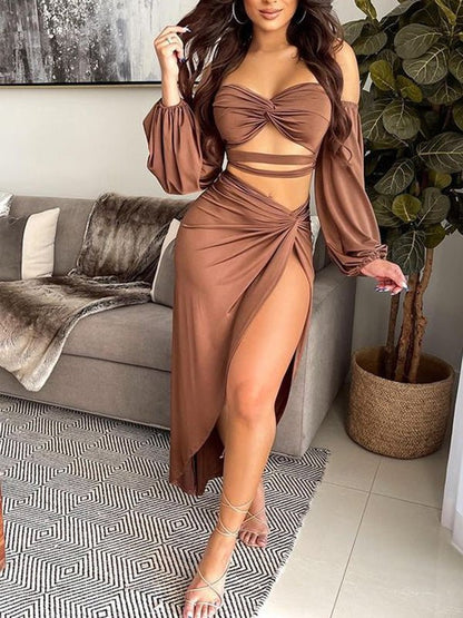 Women's Sets Hollow Crop Top & Slit Skirt Two-Piece Set - Sets - Instastyled | Online Fashion Free Shipping Clothing, Dresses, Tops, Shoes - 09/07/2022 - 30-40 - Bottoms