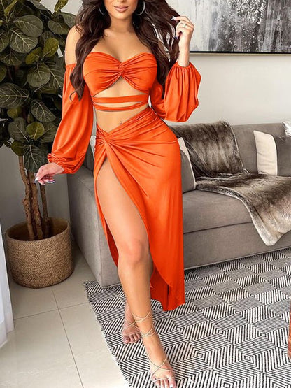 Women's Sets Hollow Crop Top & Slit Skirt Two-Piece Set - Sets - Instastyled | Online Fashion Free Shipping Clothing, Dresses, Tops, Shoes - 09/07/2022 - 30-40 - Bottoms