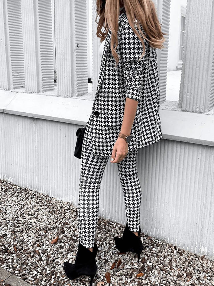 Women's Sets Houndstooth Print Slim-Fit Blazers Trousers Two-Piece Set - Sets - Instastyled | Online Fashion Free Shipping Clothing, Dresses, Tops, Shoes - 18/01//2022 - Bottoms - color-black