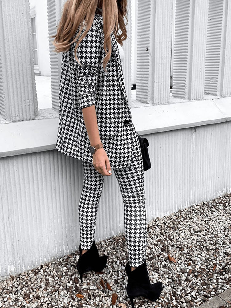Women's Sets Houndstooth Print Slim-Fit Blazers Trousers Two-Piece Set - Sets - Instastyled | Online Fashion Free Shipping Clothing, Dresses, Tops, Shoes - 18/01//2022 - Bottoms - color-black
