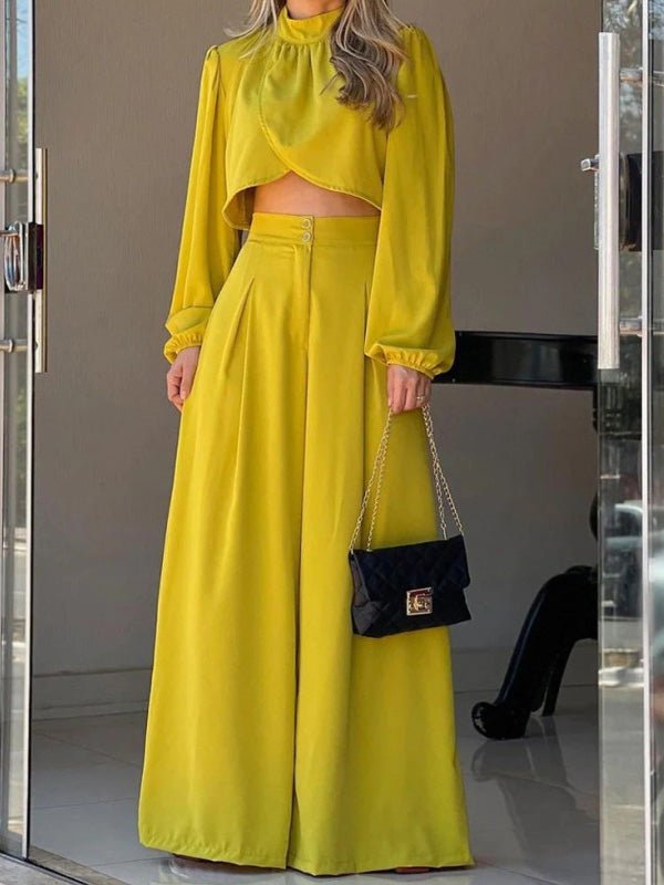 Women's Sets Irregular Long Sleeve Top & High Waist Wide Leg Pants Two Piece Set - Sets - Instastyled | Online Fashion Free Shipping Clothing, Dresses, Tops, Shoes - 24/08/2022 - bottoms - color-yellow