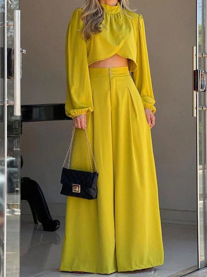 Women's Sets Irregular Long Sleeve Top & High Waist Wide Leg Pants Two Piece Set - Sets - Instastyled | Online Fashion Free Shipping Clothing, Dresses, Tops, Shoes - 24/08/2022 - bottoms - color-yellow