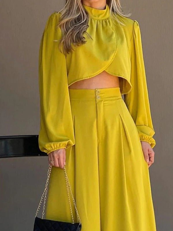 Women's Sets Irregular Long Sleeve Top & High Waist Wide Leg Pants Two Piece Set - Sets - Instastyled | Online Fashion Free Shipping Clothing, Dresses, Tops, Shoes - 24/08/2022 - bottoms - color-yellow