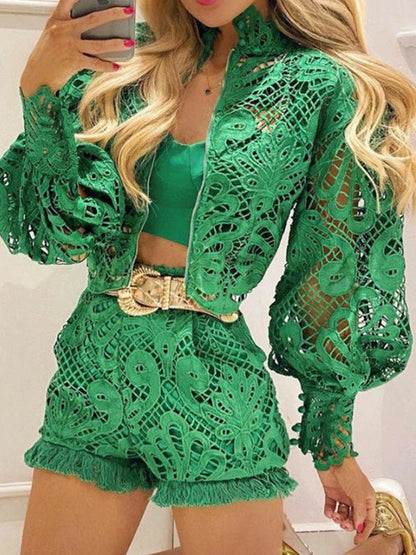 Women's Sets Lace Balloon Sleeve Jacket & Shorts Two-Piece Set - Sets - Instastyled | Online Fashion Free Shipping Clothing, Dresses, Tops, Shoes - 24/08/2022 - bottoms - color-green