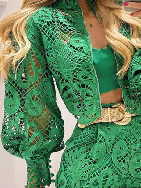 Women's Sets Lace Balloon Sleeve Jacket & Shorts Two-Piece Set - Sets - Instastyled | Online Fashion Free Shipping Clothing, Dresses, Tops, Shoes - 24/08/2022 - bottoms - color-green