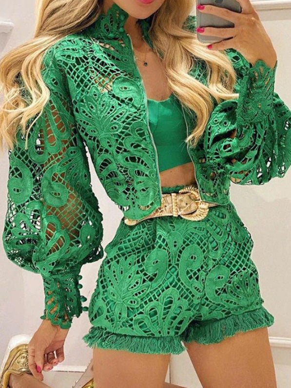 Women's Sets Lace Balloon Sleeve Jacket & Shorts Two-Piece Set - Sets - Instastyled | Online Fashion Free Shipping Clothing, Dresses, Tops, Shoes - 24/08/2022 - bottoms - color-green