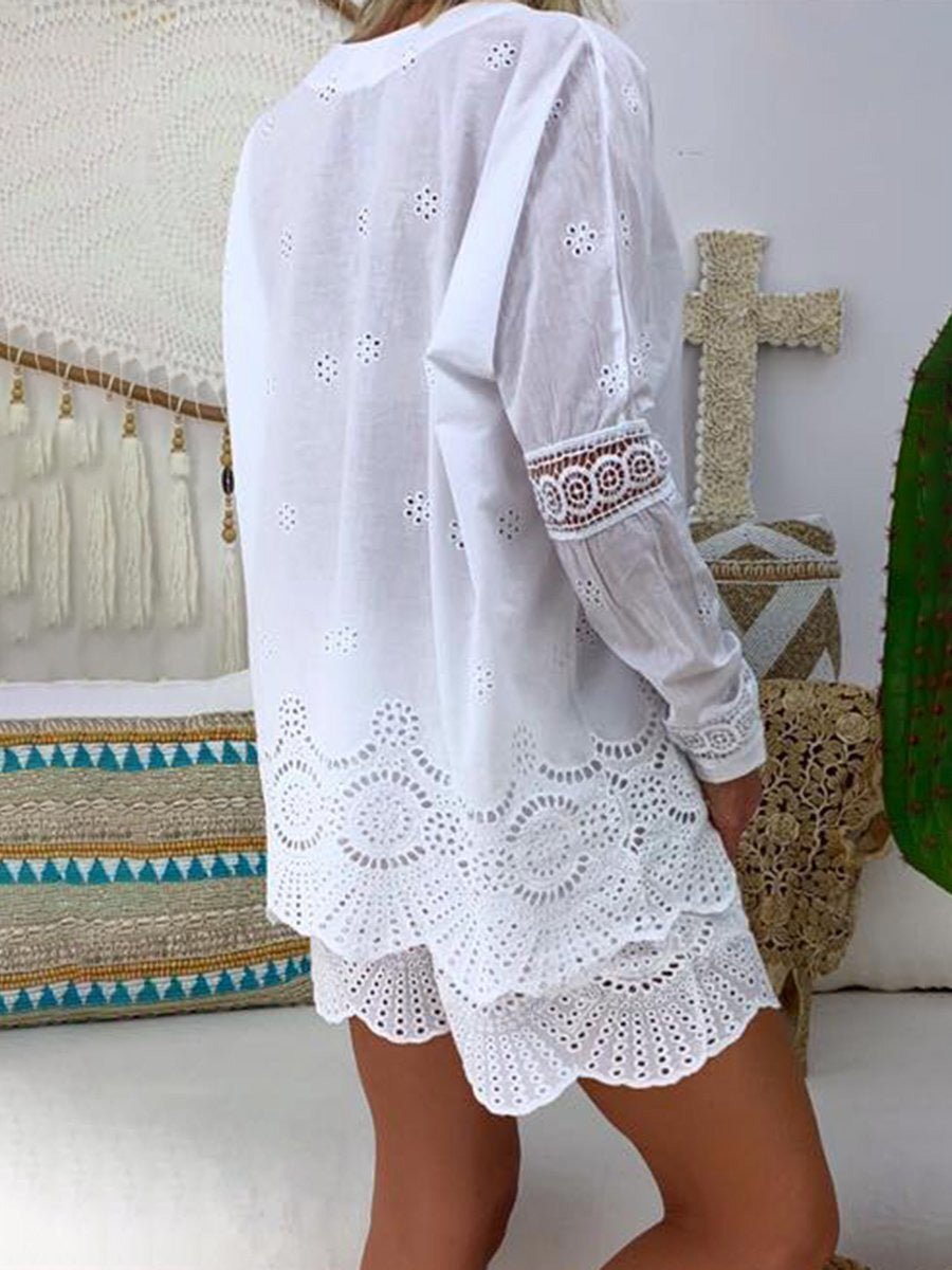 Women's Sets Lace Long Sleeve Shirt & Shorts Two-Piece Set - Sets - Instastyled | Online Fashion Free Shipping Clothing, Dresses, Tops, Shoes - 04/08/2022 - Bottoms - Color_White