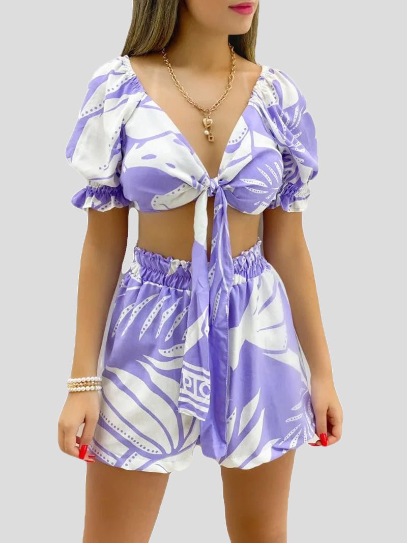 Women's Sets Lace-Up Cropped V-Neck Top & Printed Shorts Two-Piece Set - Sets - Instastyled | Online Fashion Free Shipping Clothing, Dresses, Tops, Shoes - 01/08/2022 - 40-50 - bottoms