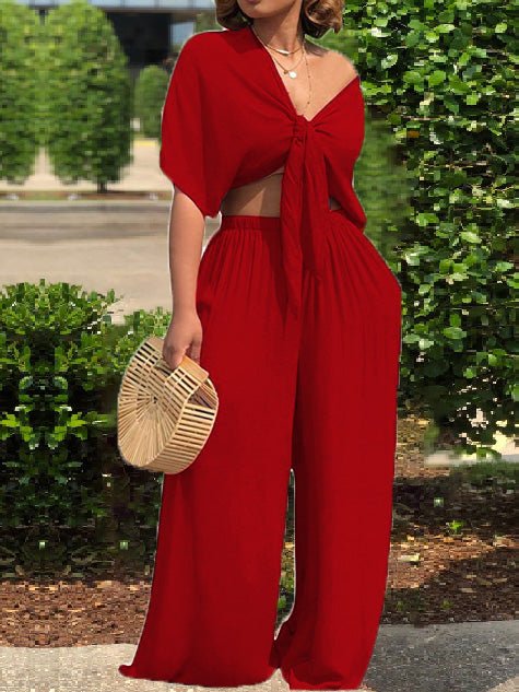 Women's Sets Lace-Up Short Sleeve Top & Wide Leg Pants Two Piece Set - Sets - Instastyled | Online Fashion Free Shipping Clothing, Dresses, Tops, Shoes - 22/07/2022 - 30-40 - bottoms