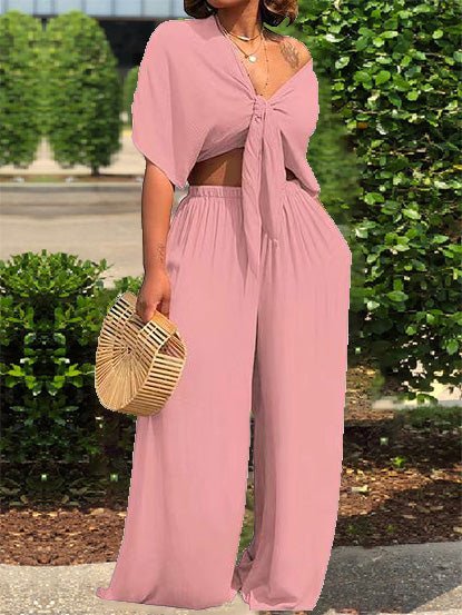 Women's Sets Lace-Up Short Sleeve Top & Wide Leg Pants Two Piece Set - Sets - Instastyled | Online Fashion Free Shipping Clothing, Dresses, Tops, Shoes - 22/07/2022 - 30-40 - bottoms