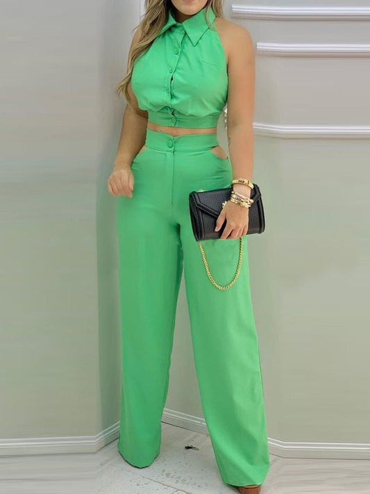 Women's Sets Lapel Backless Top & Wide Leg Pants Two-Piece Set - Sets - Instastyled | Online Fashion Free Shipping Clothing, Dresses, Tops, Shoes - 30/06/2022 - 40-50 - Bottoms