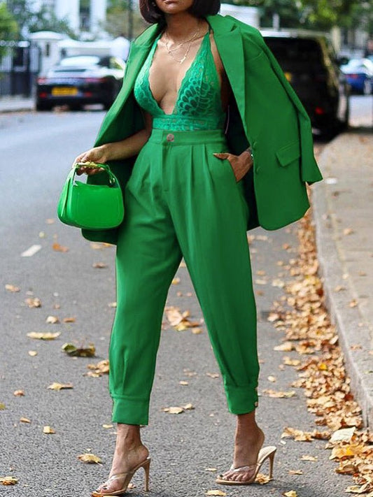 Women's Sets Lapel Button Long Sleeve Blazers & Pants Two Piece Set - Sets - Instastyled | Online Fashion Free Shipping Clothing, Dresses, Tops, Shoes - 06/09/2022 - Bottoms - Color_Green