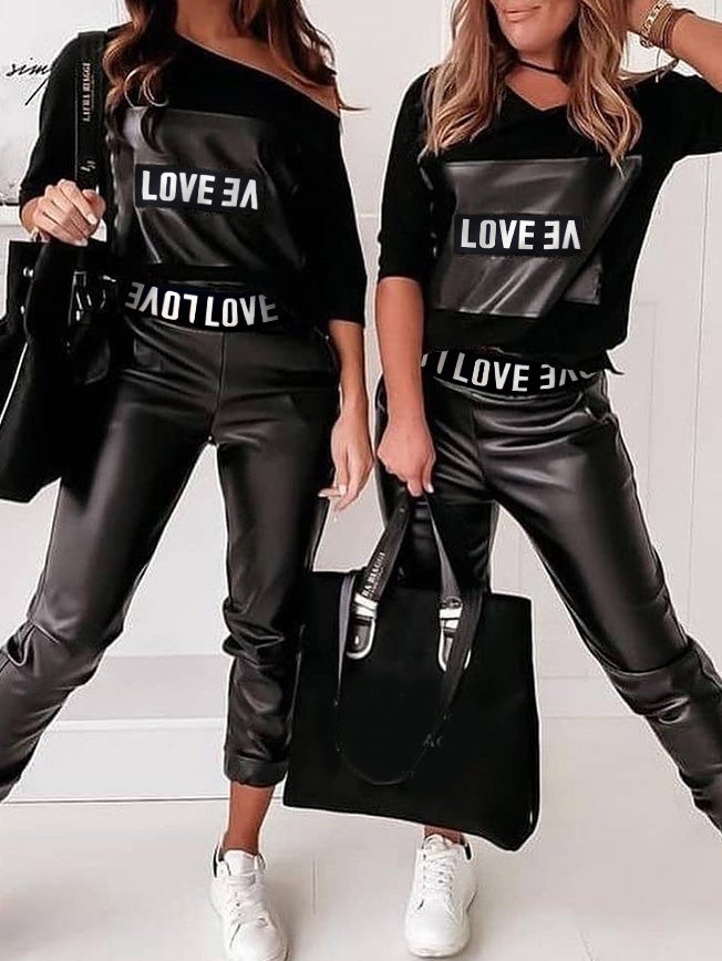 Women's Sets Lettering Long Sleeve Leather Pants Two Piece Set - Sets - Instastyled | Online Fashion Free Shipping Clothing, Dresses, Tops, Shoes - 22/01/2022 - Bottoms - color-black